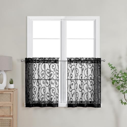 Furman Black Sheer Curtains Tiers 24 Inch Length 2 Panels Set, Airy Lightweight Clip Jacquard Semi Sheer Curtains with Soft Touch for Bedroom/Living Room/Kitchen Short Curtains, 28Wx24L inch - color: Black, size: 28"W x 24"L (Pack of 2)