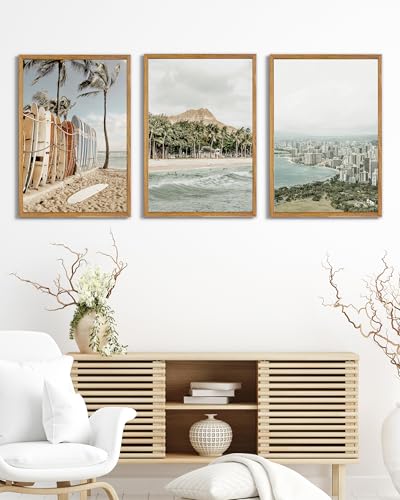 UPWOIGH Hawaii Coastal Framed Wall Art, 16 x 24 Inch, Set of 3 | Surfboard Beach, Diamond Head and Honolulu Prints, Soft Coastal Tones, Light Wood Frames for Living Room and Office - color: Grey Hawaii, size: 24"L x 16"W
