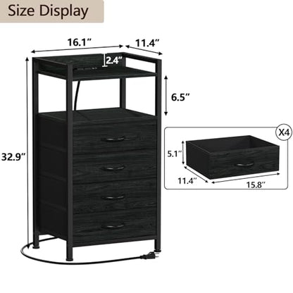 Night Stand with Charging Station,LED,Tall Bedside Table for Dorm | 4 Drawer Dresser for bedroom, with LED light & Remote Control, Fabric Bins and Metal Frame,Wood Desk Top,Easy Assemble,Black - color: Black Oak, style: 4 Drawer