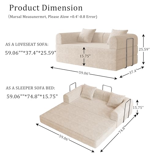 59" Boneless Couch,4-in-1 Futon Sofa Bed Modular Loveseat Sleeper Folding Compressed Couch with Pillows,No Assembly Required Convertible Sofa Bed for Living Room Bedroom Guest Room,Beige - color: Beige, size: 59.06" Loveseat Sofa