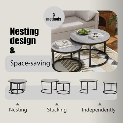 Nesting Coffee Table Set of 2, Round Stacking Coffee Tables with Nesting Coffee Table Set of 2, Round Stacking Coffee Tables with Resin Top & Metal Frame - color: Media Size + Black Frame