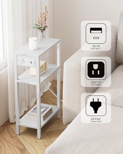 TUTOTAK Narrow Side Table, 3-Tier Small End Table with Charging Station | Skinny Sofa Table, Slim Nightstand, Easy Assembly for Living Room, Bedroom, White TB01BW079 - color: White, size: 3-tier