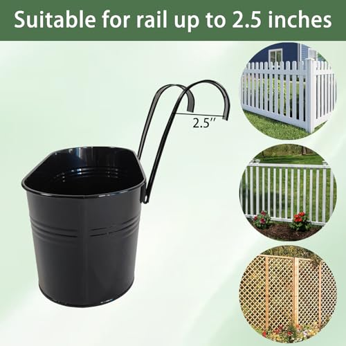 10" Metal Hanging Planter for Railing with Detachable Hooks, Black, 2 Pcs | Removable hook, Drainage hole, Rustproof, For flowers / herbs / succulents, veggies, For railings / fences / balconies - color: Black
