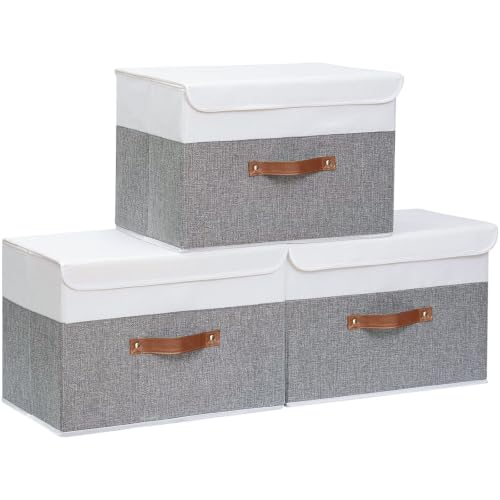 Yawinhe Fabric Storage Boxes with Lids,White/Grey,15.0x9.8x9.8in,3-Pack | Container with Leather Handle,Washable Storage Basket, Clothes Blanket Bin,Collapsible Closet Organizer for Bedroom - color: White/Grey, size: L/(3 Pack)