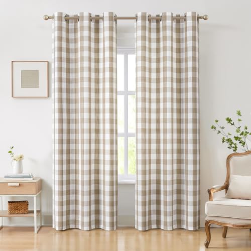 Amzdecor Buffalo Plaid Grommet Curtains 84 Inch Length, Tan Semi-Sheer Gingham Check Farmhouse Rustic Textured Curtains Drapery for Living Room Bedroom,2 Panels （40" x 84",Beige/Tan & White） - color: Beige/White, size: 40"W x 84"L (Pack of 2)