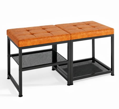 DreamDashio Set of 2 Small Shoe Storage Benches with PU Leather Cushion, 3-Tier Shoe Rack Organizer for Entryway, Metal Mesh Shelves, Holds Up to 300 lbs, Brown (31.5"x11.4"x17.5") - color: Brown, size: 31.5"L