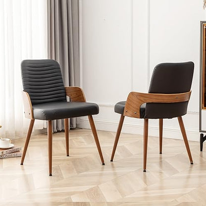 Dining Room Chairs Set of 2,Mid Century Modern Kitchen Chairs,Upholstered Faux Leather Accent Chairs,Metal Legs Wooden Desk Chairs,Armless and No Wheels for Kitchen Dining Living Room,Black - color: Black Pu, size: Set of 2
