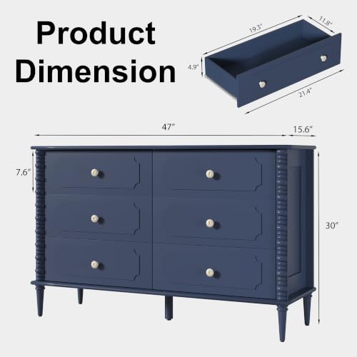 Blue 6 Drawer Dresser for Bedroom, 47" Wide Chest of Drawers with Turned Legs and Ceramic Knobs, Double Dresser, Wood Drawer Storage Organizer for Bedroom, Living Room, Hallway - color: Blue, size: 15.5"D x 47"W x 30"H (6 Drawers)