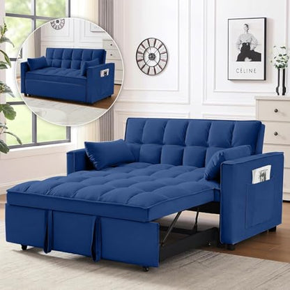 3 In 1 Velvet Convertible Sofa Bed, Pull Out Couch Bed with Reclining Backrest And 2 Pillows, 54" Full Size Loveseat Sleeper Sofa Futon Couch Beds, Couches For Small Spaces, Living Room (Dark Blue) - color: Dark Blue