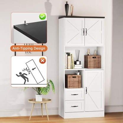 Farmhouse Kitchen Pantry Cabinet with LED Lights and Power Strip, Tall Kitchen Storage Cabinet, Kitchen Hutch with Microwave Stand & Barn Doors and Drawers for Dining Room (White) - color: White, style: Modern