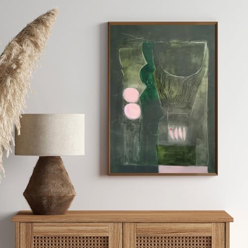 Abstract Painting Print Emerald Green and Pink Artwork 16x24 Inch Unframed | large vertical wall art dark green abstract wall art abstract geometric art print boho wall art for home living room office - color: Emerald Green and Pink