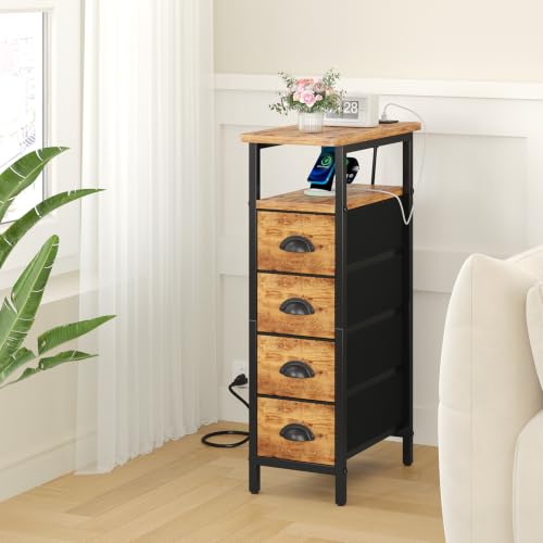 sthmec Nightstand with Charging Station, Narrow Night Stand Set of 2 with 4 Drawers, Skinny Side Table with Fabric Drawers,Slim Sofa Couch Tables for Small Spaces,Living Room,Bedroom,Rustics Brown - color: Rustic Brown, style: Power