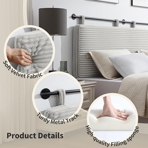 Queen Headboard Only, Wall Mounted Hanging Upholstered Bed Head Board | Modern Vertical Channel Design of Fine Flannel, Elegant Beige Fluted Headboard for Bedroom (Beige, Queen Size) - color: Flannel/Beige, size: Queen