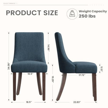 MALOL Wooden Dining Chairs Set of 2, Upholstered Kitchen & Dining Room Chairs with Solid Wood Legs Curved Backrest Farmhouse Accent Chair for Dining/Kitchen/Living Room, Blue - color: Blue, size: Set of 2