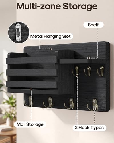 Key Holder Wall Mount, 16 Inch Pre-Assembled Key Hooks Rack with Shelf & Mail Holder for Wall, Wood Walls Organizer for Entryway, Living Room, Black - color: Black