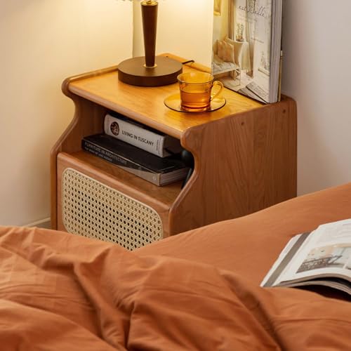 Cherry Wood Nightstand with Drawer, Rattan Nightstand, Natural Wooden Side Table, 19.3" H Bedside Table with Open Shelf, Small Nightstand for Bedroom - color: Natural, size: 1 pc(13.8"D x 17.7"W x 19.3"H)