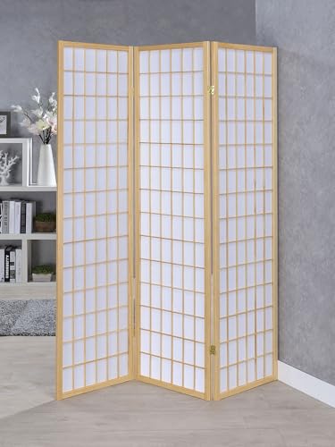 Coaster Home Furnishings - Carrie - Solid Wood - 3-Panel Folding Shoji Screen Room Divider with Linear Grid Design, Metal Hinges and Freestanding Piece - Living Room - Natural Brown - 4621 - color: Natural