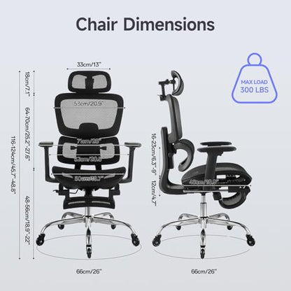 Office Chair with Footrest, Ergonomic Chair with Neck Pillow & Rubber Wheels, Computer Chair with Adjustable Backrest & 3D Armrests Headrest, Gaming Chair Adaptive Lumbar Support, Black - color: Black, style: Pro
