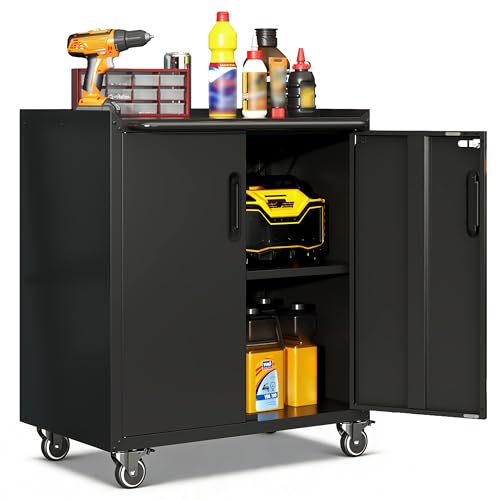 Garage Cabinets,Metal Garage Storage Cabinet with Wheels,Black Lockable Rolling Tool Cabinet with Drawer and Adjustable Shelves,Heavy Duty Tool Chest for Home Office Utility Room - color: Black, size: 2 Doors