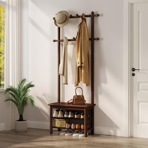 AQIMUELE Hall Tree, Coat Rack with Shoe Storage, Wooden Hall Tree with Bench, 11 Hooks and 2-Tier Storage Shelves, Entryway Bench with Coat Rack (23.6" - Deep Walnut) - color: Deep Walnut, size: 23.6"