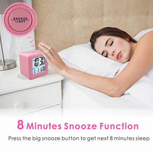 Plumeet Digital Alarm Clock Kids Clock with Snooze and White Nightlight - Easy Setting Travel Alarm Clocks Display Time, Date, Alarm - Ascending Sound - Battery Powered (Baby Pink) - color: Baby Pink