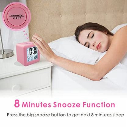 Plumeet Digital Alarm Clock Kids Clock with Snooze and White Nightlight - Easy Setting Travel Alarm Clocks Display Time, Date, Alarm - Ascending Sound - Battery Powered (Baby Pink) - color: Baby Pink