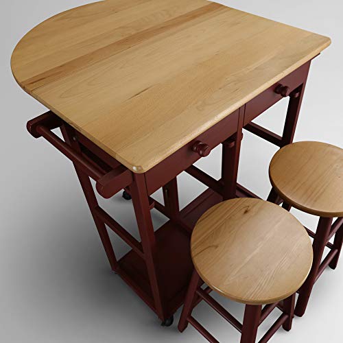 Casual Home Drop Leaf Breakfast Cart with 2 Stools-Red - color: Natural&red