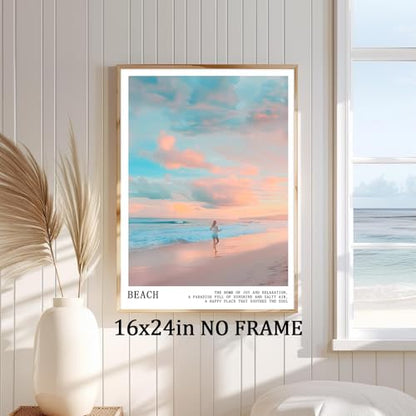 Pink and Blue Coastal Wall Art Cute Preppy Summer Pictures Aesthetic Summer Posters Trendy Beach Pictures Blue Ocean Painting Coastal Cowgirl Artwork Beach Wave Picture for Home Room 16x24in Frameless - color: C2Unframed