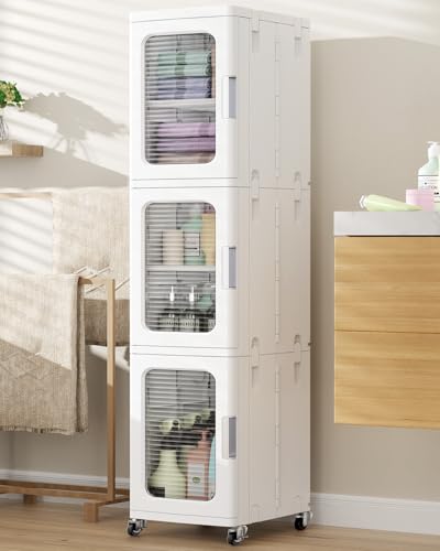 BROVIEW 3-Tier Tall Narrow Storage Cabinet Organizer, Slim Bathroom Cabinets with Adjustable Shelves and Doors, Plastic Kitchen Pantry Organizers and Storages for Small Space, Laundry, White - color: White, size: 3-Tier-9.6"W