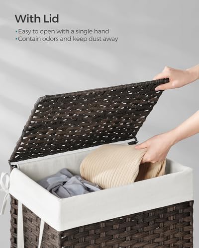 SONGMICS Laundry Hamper with Lid, 23.8 Gallon (90 L) Synthetic Rattan Clothes Laundry Basket with Lid and Handles, Foldable, Removable Liner, Chestnut Brown ULCB051K02 - color: Chestnut Brown, size: 90 L