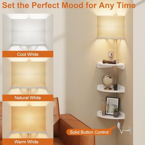 YAOHUOO Corner Shelf Wall Mounted with Light, Set of 3, White | Corner Floating Shelves, Cord Hole for Cable Box, Round End, For Bedroom, Living Room and Kitchen