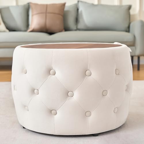23" Velvet-Upholstered Accent Side Table, Modern Nesting Side Tables with Hidden Storage, Space-Saving Nesting Coffee Table Set with Wood Tray for Living Spaces, Beige - color: Beige