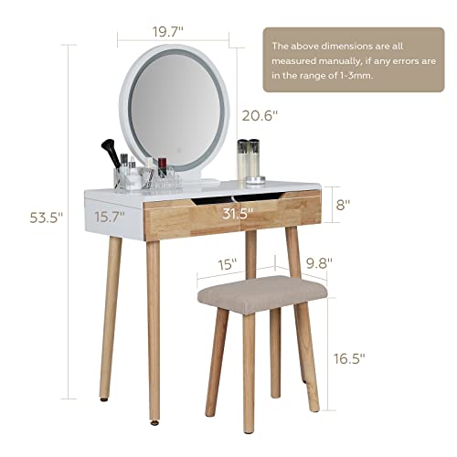 YOURLITE Makeup Vanity Desk with Lighted Mirror & Stool | 31.5" Makeup Table, 3 Lighting Modes, Adjustable Brightness, 2 Drawers, Cushioned Stool, Round Mirror - size: 31.5", style: Round Mirror Wooden