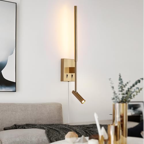 Modern Plug in Wall Sconce Indoor Ambient Lighting for Bedroom, Gold LED Wall Mounted Reading Lamp with Switch, Corded Minimalist Linear Wall Light with 5.9FT Clear Cord for Living Room Corner Hallway - color: Gold, size: 1-PCS