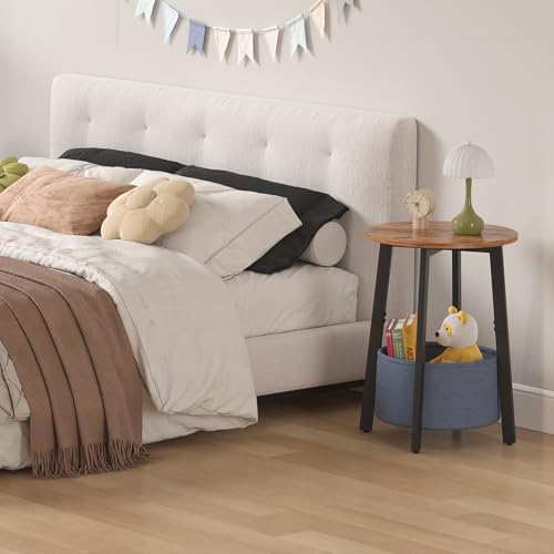 sthmec Small Round Side End Table with Storage Basket, Round Bedside Sofa Couch Coffee Tables for Small Places with Metal Frame, Modern Nighstands for Living Room Bedroom, Rustic Brown - color: Rustic Brown