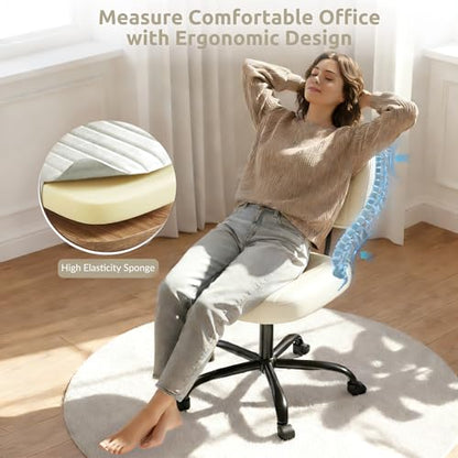 Swivel Rolling Office Chair, Armless Pu Leather Vanity Chair with Back Lumbar Support Height Adjustable Computer Chair, Small Desk Chair for Home Office, Beige White - color: Beige White