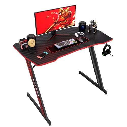 BestOffice | 39" Gaming Table | Red | Z-Shaped Computer Desk | with Steel Frame, Headphone Hook, Adjustable Feet | Carbon Fiber Texture| Easy to Clean | for Gaming, Home Office - color: Red, size: 39 Inch Z Shaped