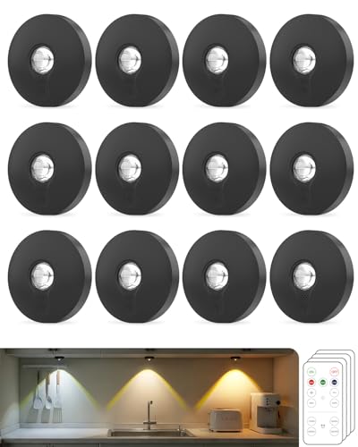 Rechargeable Puck Lights with Remote Control, 1500mAh Battery Operated Tap Lights, Dimmer & Timer Under Cabinet, Wireless LED Stick-On for Closet, Bedroom, Kitchen - Black 12Pcs - color: Black