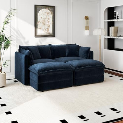 Aoowow Modular Sectional Sofa Modern Convertible Loveseat Couch,77.16 Inch Deep 2-Seater Sofas Comfy Chenille Cloud Sofas and Couches Set with 2 Movable Ottoman for Living Room Apartment（Blue） - color: Blue, size: 2 Seat + 2 Ottoman