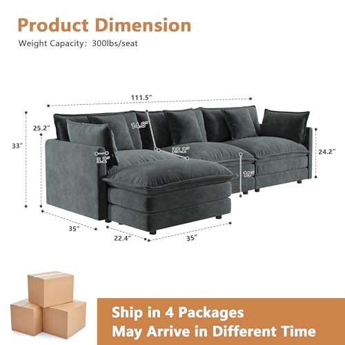 Modular Sectional Sofa, 111.5 Inch L Shaped Couch Set for Living Room, 3-Seater Comfy Cloud Couches with Movable Ottoman, DIY Combination, Chenille, Grey - color: Grey, size: 111.5 Inch- L