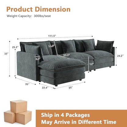 Modular Sectional Sofa, 111.5 Inch L Shaped Couch Set for Living Room, 3-Seater Comfy Cloud Couches with Movable Ottoman, DIY Combination, Chenille, Grey - color: Grey, size: 111.5 Inch- L