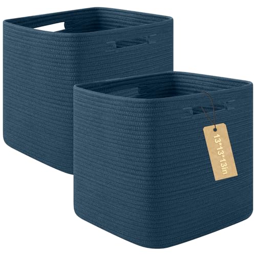OIAHOMY 2 PACK Cube Storage Bin 13 Inch Collapsible Storage Cube Blue | Cube Storage Organizer Storage Bins for Shelves Baskets for Organizing Woven Rope Storage Baskets - color: Blue, size: 2Pcs-13*13*13inch
