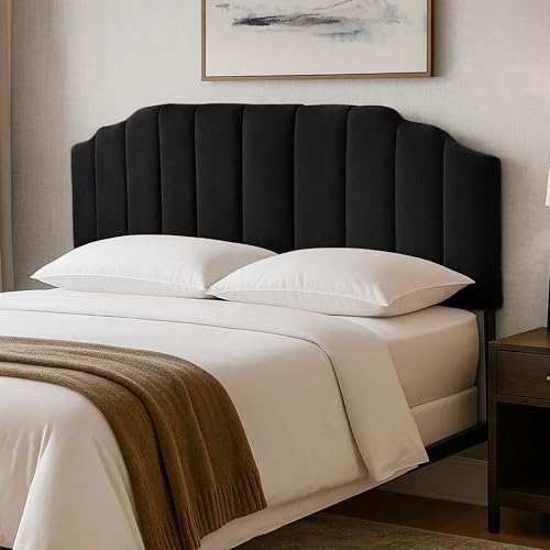 Upholstered Headboard Adjustable Height Queen/King Headboard Cream Velvet Tufted Modern Vertical Channel Design with Stepped Silhouette Top Edge(Black Queen) - color: Black, size: Queen