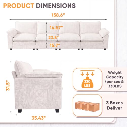 Homall 158.6" Cloud Couch, Modular Sectional Sofa, White | Comfy Chenille, Double Layer Cushions, 4 Seat, Sturdy Frame, High-Density Foam, Easy Assembly, Oversized Sofa for Living Room - color: White, size: Linear Sofa