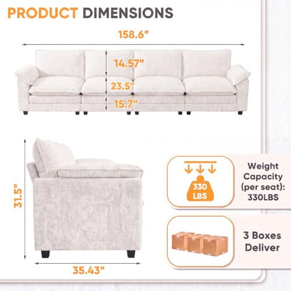 Homall 158.6" Cloud Couch, Modular Sectional Sofa, White | Comfy Chenille, Double Layer Cushions, 4 Seat, Sturdy Frame, High-Density Foam, Easy Assembly, Oversized Sofa for Living Room - color: White, size: Linear Sofa