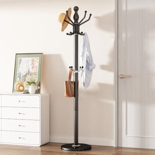 Metal Coat Rack Stand Coat Rack Freestanding with 360° Rotary,Black | Modern Coat Rack with 360° Rotary Design Sturdy Heavy Duty Hall Tree Hats Hanger Holder Stand 14 Hooks for Hallway Office - color: Black with Rotatable Hooks