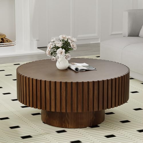 Round Fluted Drum Coffee Table with Pedestal Base | 31.5'' Modern Brown Wooden Drum Center Table, Handcrafted Solid Wood Fluted Edge, For Living Room & Apartment - color: Round Brown