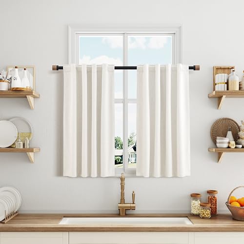 White 100% Blackout Kitchen Linen Curtains Back Tab 30 Inch Length Privacy Elegant Mini Cafe Curtain Tiers Over Sink for Rustic Farmhouse Bathroom Thermal Insulated Bedroom Small Drape 26x30 - color: White, size: 26"W x 30"L (Pack of 2)