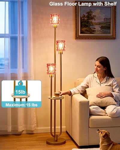 62IN Gold Floor Lamp with Deep Red Glass Shade 3-Lights Mid-Century Modern Farmhouse Floor Lamps with 3000K Warm White Bulbs, Tall Standing Lamp with 5Lbs Heavy Base for Living Room/Bedroom - color: 3 Deep Red Cylinder-Gold