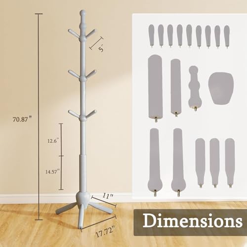 Solid Wood Coat Rack Stand, Vintage Heavy Duty Coat Hanger Stand with 9 Hooks, 3 Adjustable Size Sturdy Coat Tree for Living Room, Entryway, Office, Hallway, Grey - color: Grey